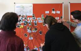 Diskussionsrunde im Zukunftslabor, fokussiert auf innovative Ansätze für lebendige Vernetzung und nachhaltige Zusammenarbeit.